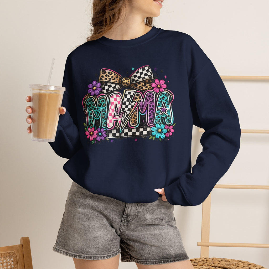 Mama Graphic Sweatshirt - Colorful Floral Checkerboard Print