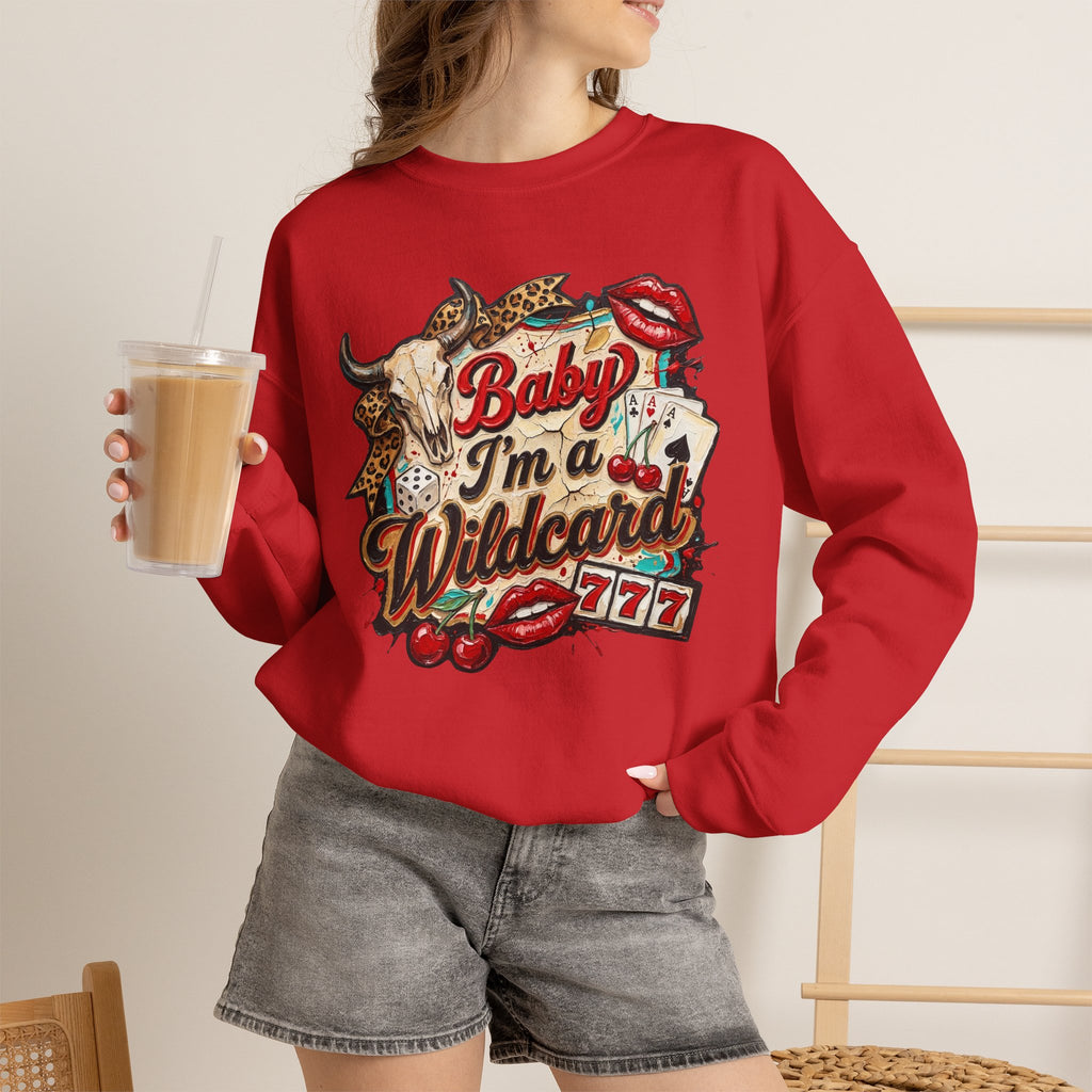 Baby I'm a Wildcard Crewneck Sweatshirt — Retro Casino Cowgirl Graphic