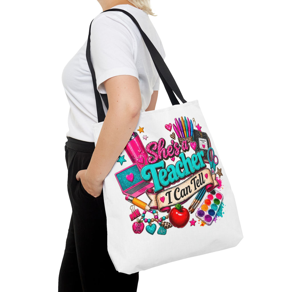Teacher Tote Bag – “She’s a Teacher I Can Tell” Colorful School Supplies Design