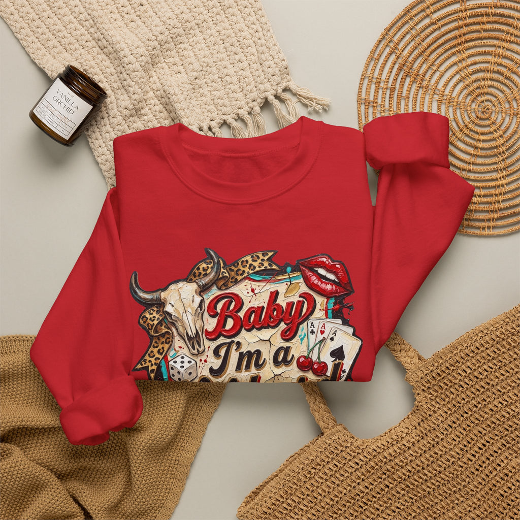 Baby I'm a Wildcard Crewneck Sweatshirt — Retro Casino Cowgirl Graphic