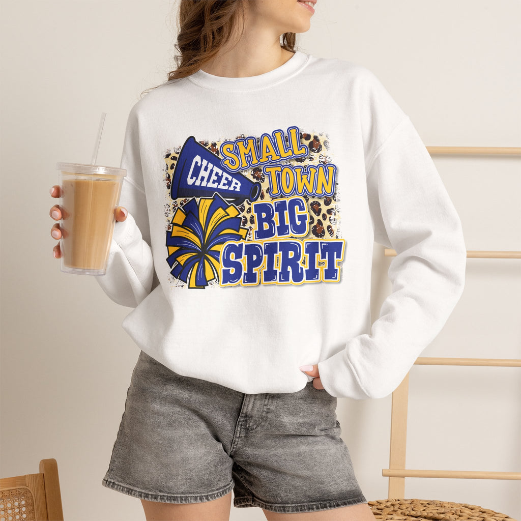 Small Town Big Spirit Crewneck Sweatshirt — Cheer Megaphone & Pom Pom Design