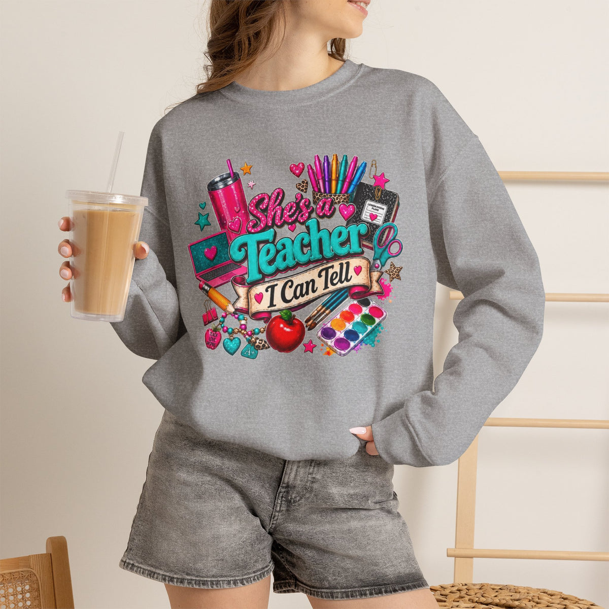 She's a Teacher I Can Tell Crewneck Sweatshirt — Cute Colorful Teacher Gift