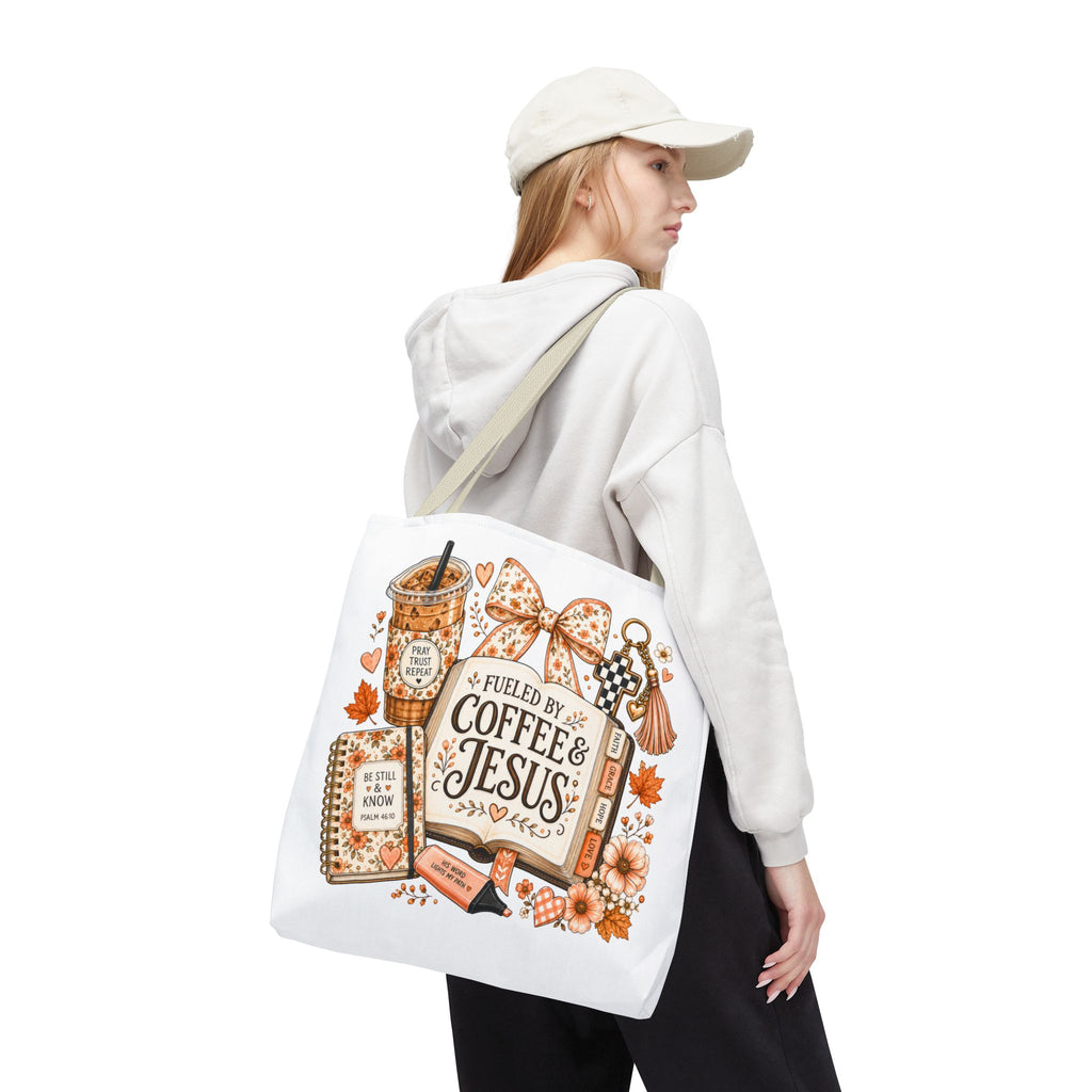 Christian Coffee Tote Bag — “Fueled by Coffee & Jesus” Fall Floral AOP Tote