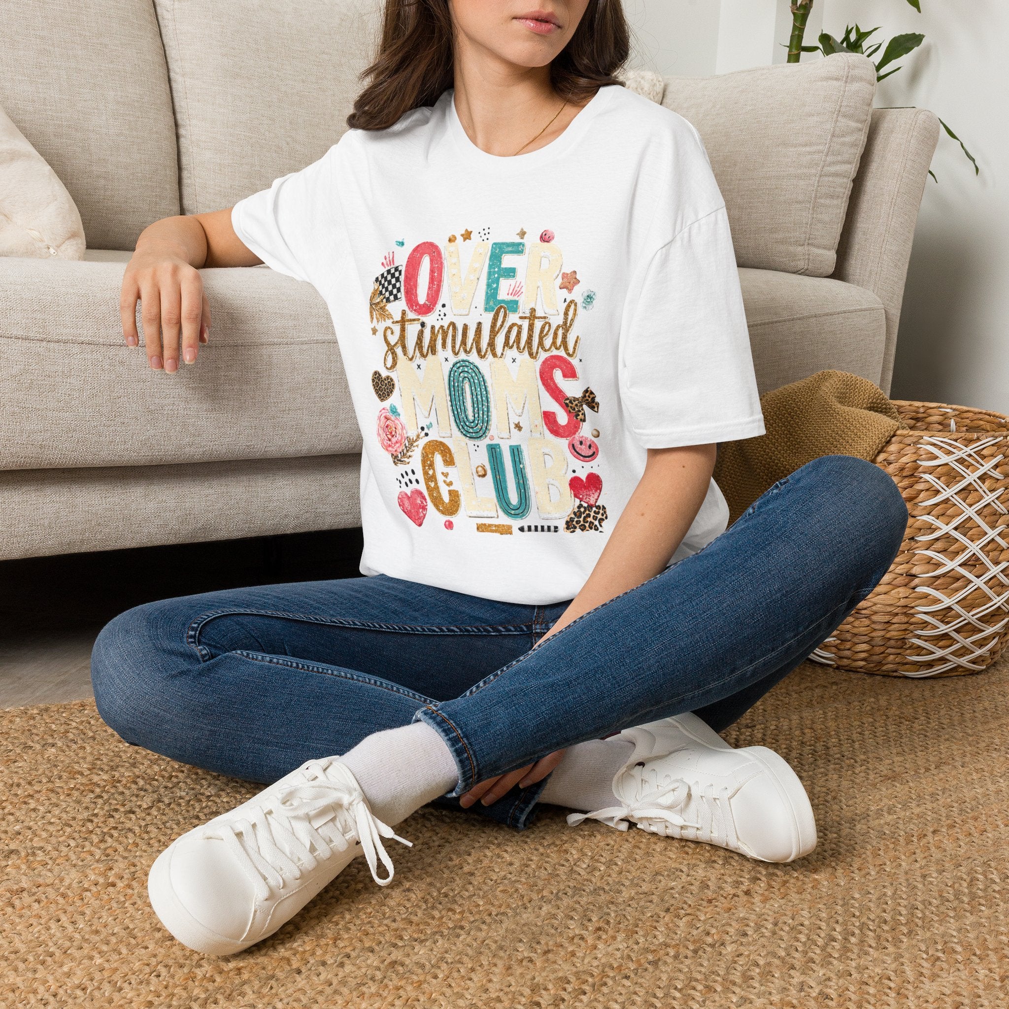 Overstimulated Mom Graphic T-Shirt — Colorful Playful Lettering Tee