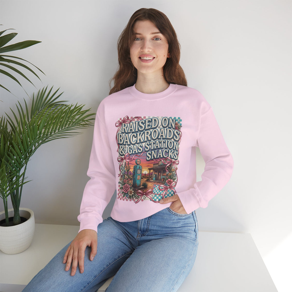 Crewneck Sweatshirt — "Raised on Backroads & Gas Station Snacks" Vintage Country Graphic