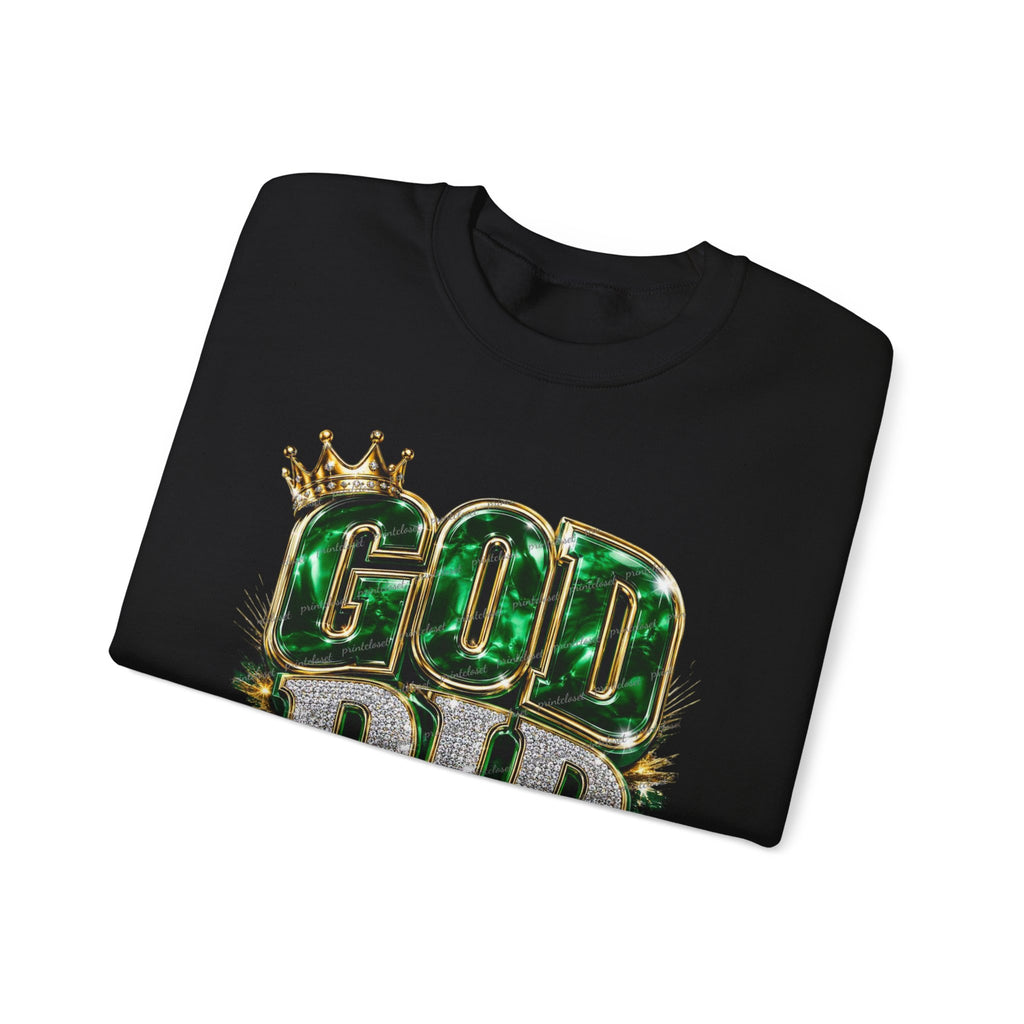 Crewneck Sweatshirt — "God Did" Crowned Glitter Graphic Faith Pullover