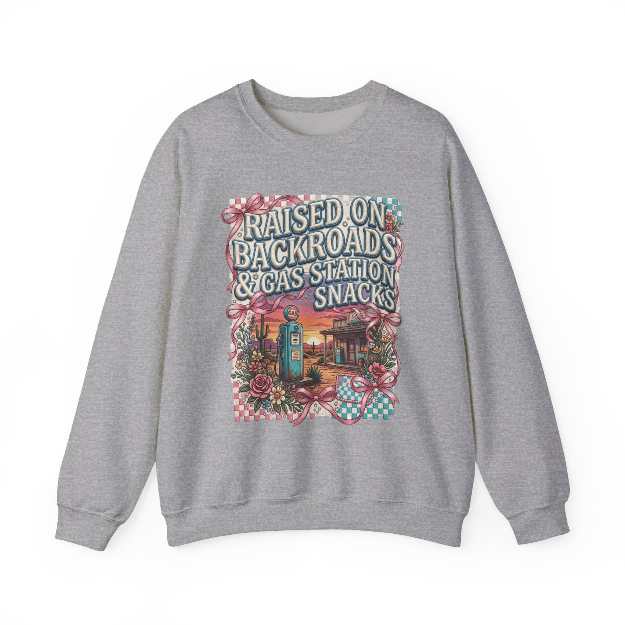 Crewneck Sweatshirt — "Raised on Backroads & Gas Station Snacks" Vintage Country Graphic