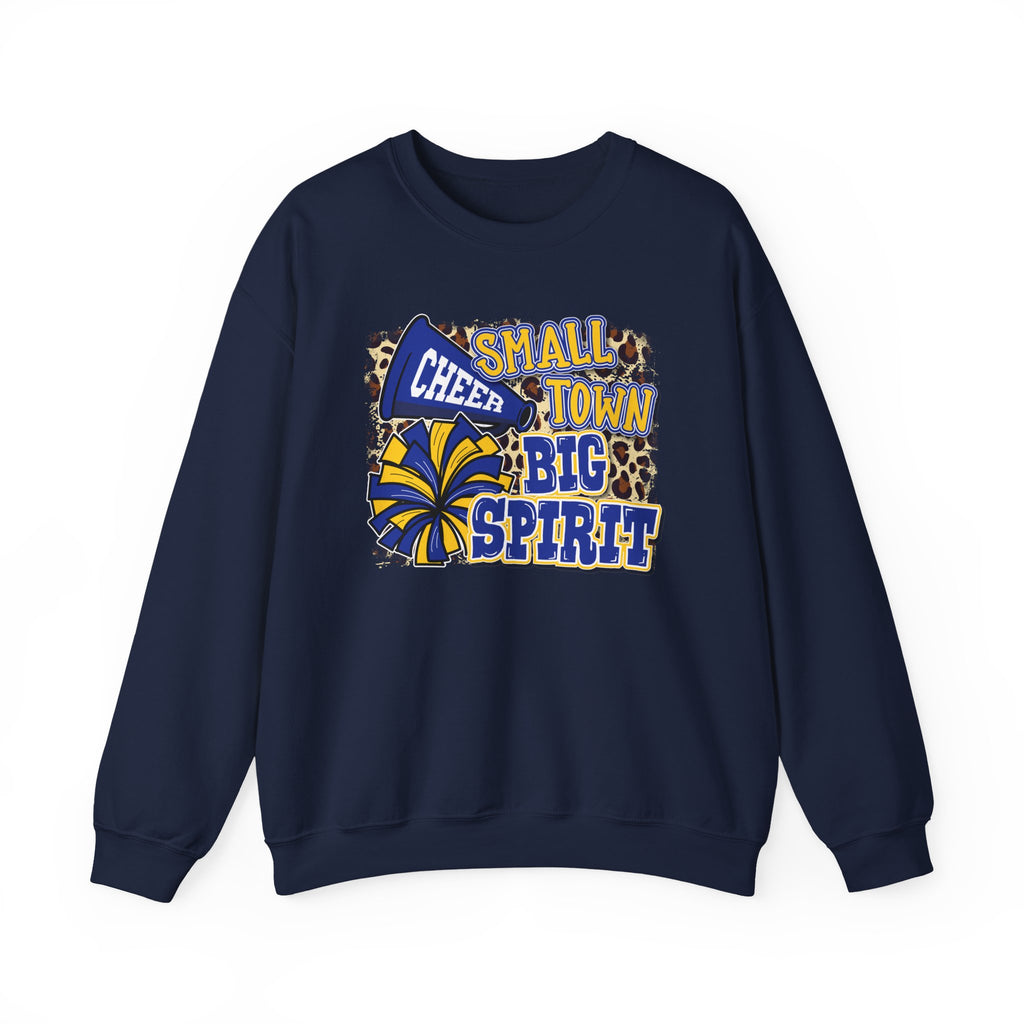 Small Town Big Spirit Crewneck Sweatshirt — Cheer Megaphone & Pom Pom Design