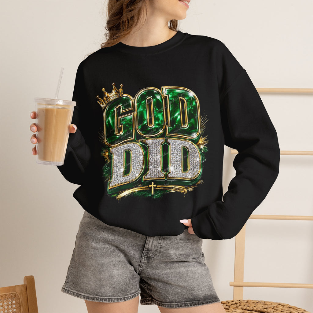 Crewneck Sweatshirt — "God Did" Crowned Glitter Graphic Faith Pullover