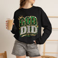 Crewneck Sweatshirt — "God Did" Crowned Glitter Graphic Faith Pullover