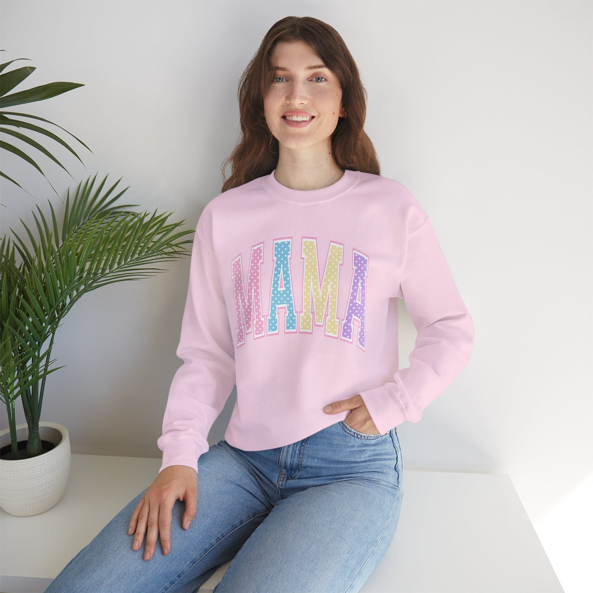 Mama Patchwork Crewneck Sweatshirt — Pastel Quilted Lettering for New & Expecting Moms
