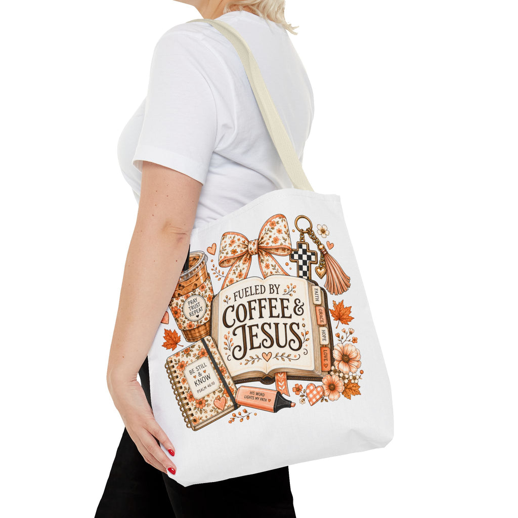 Christian Coffee Tote Bag — “Fueled by Coffee & Jesus” Fall Floral AOP Tote