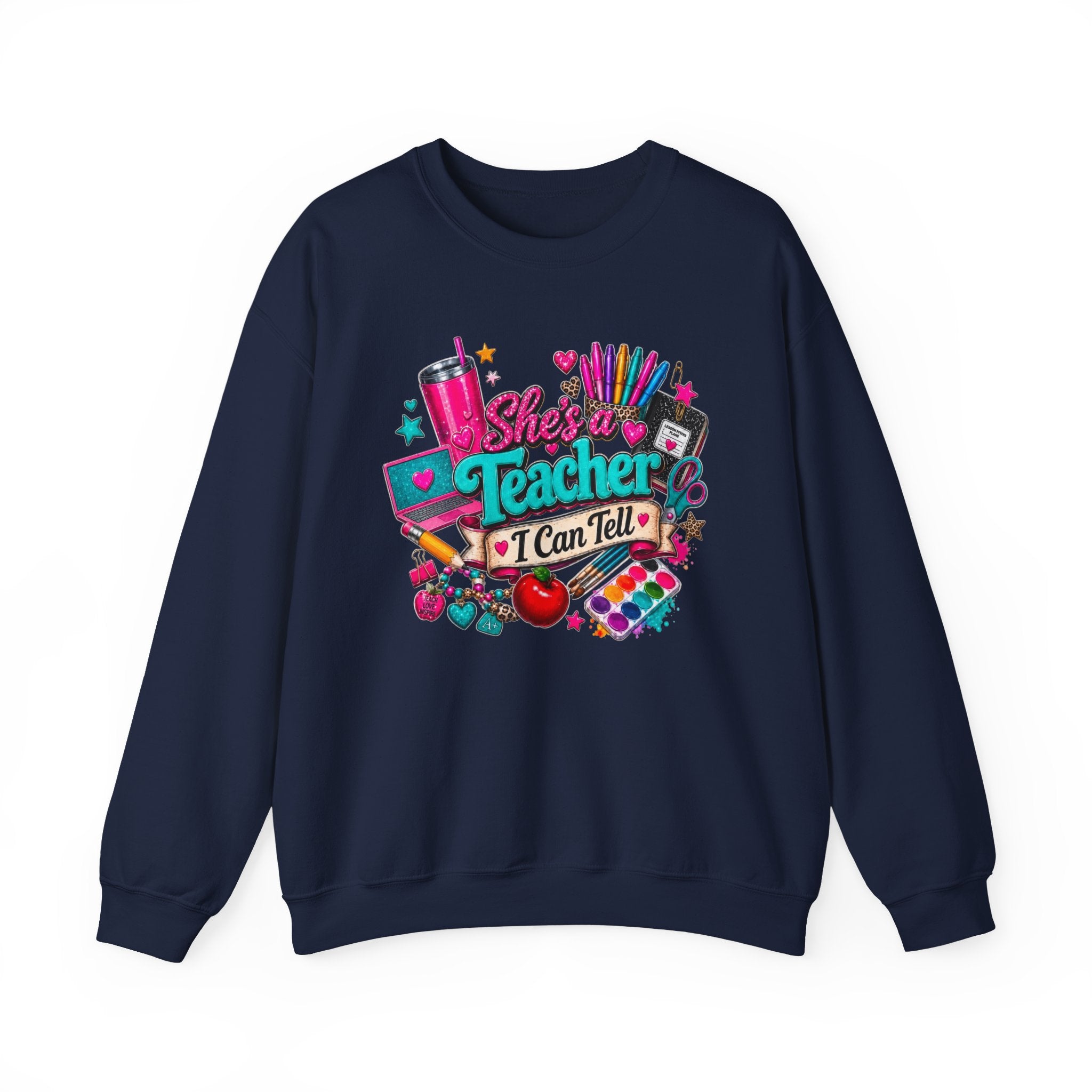 She's a Teacher I Can Tell Crewneck Sweatshirt — Cute Colorful Teacher Gift