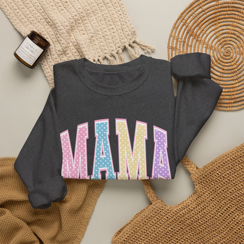Mama Patchwork Crewneck Sweatshirt — Pastel Quilted Lettering for New & Expecting Moms