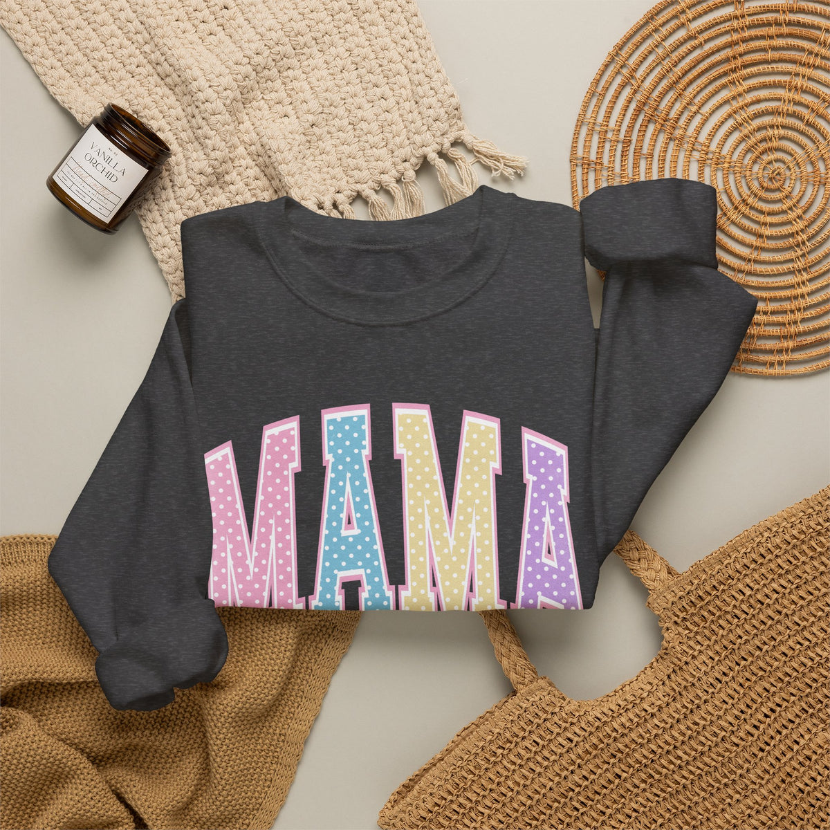 Mama Patchwork Crewneck Sweatshirt — Pastel Quilted Lettering for New & Expecting Moms