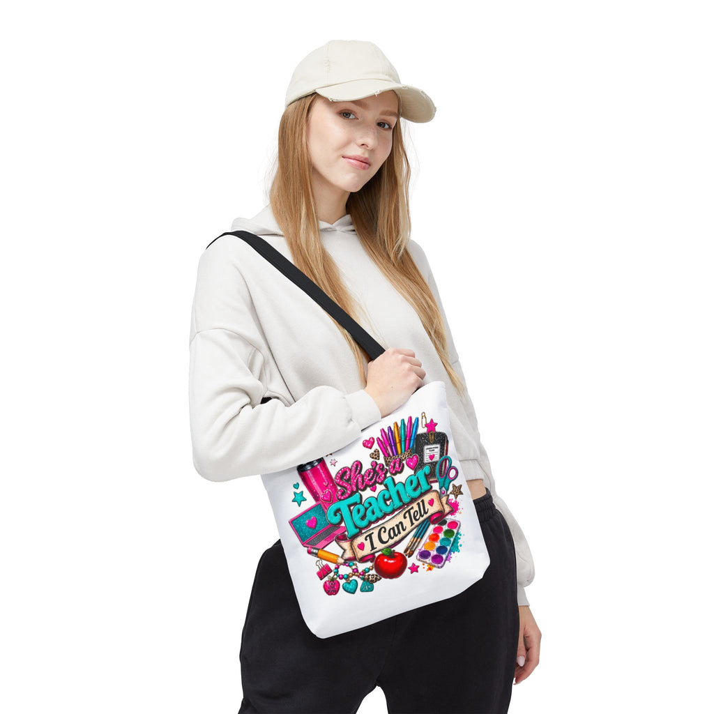 Teacher Tote Bag – “She’s a Teacher I Can Tell” Colorful School Supplies Design