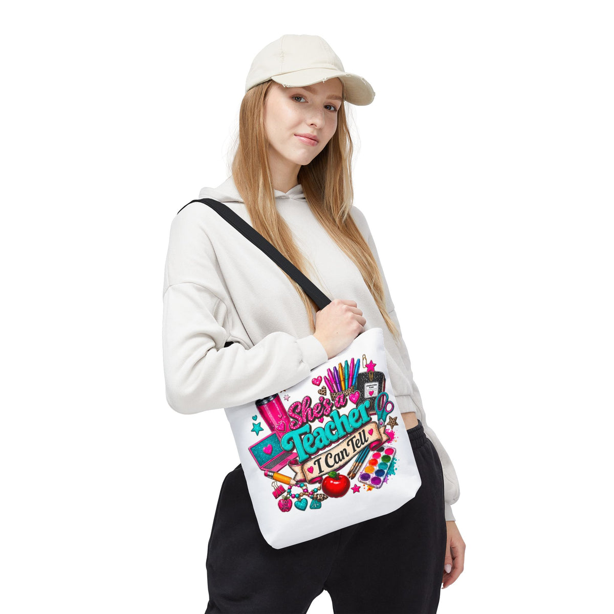 Teacher Tote Bag – “She’s a Teacher I Can Tell” Colorful School Supplies Design
