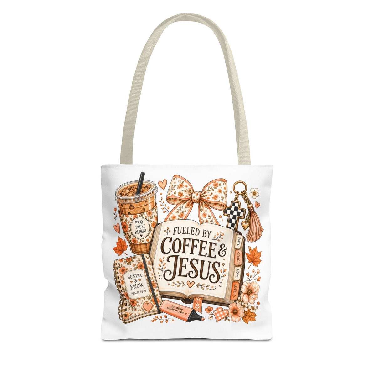 Christian Coffee Tote Bag — “Fueled by Coffee & Jesus” Fall Floral AOP Tote
