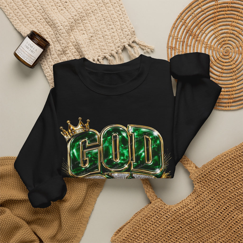 Crewneck Sweatshirt — "God Did" Crowned Glitter Graphic Faith Pullover