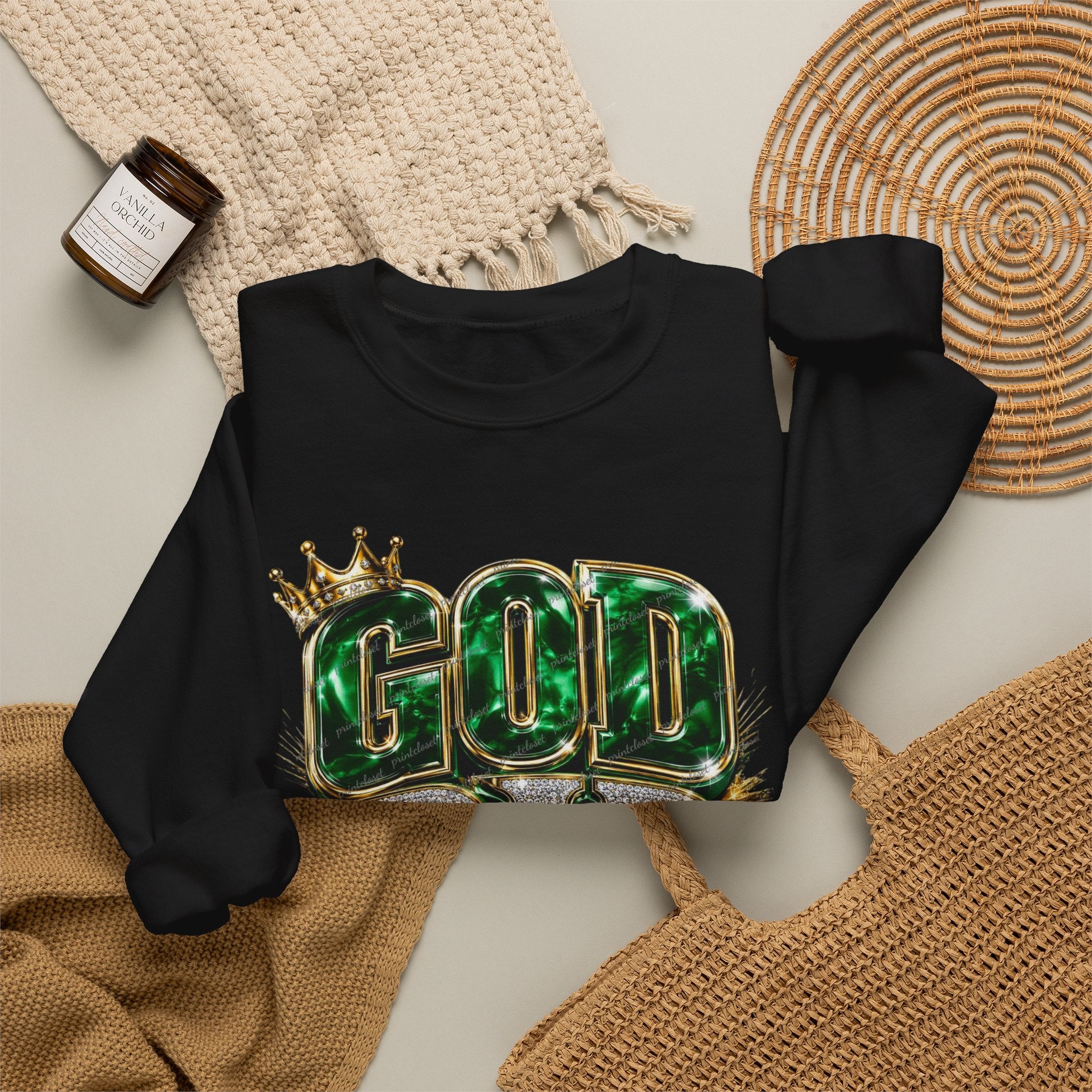 Crewneck Sweatshirt — "God Did" Crowned Glitter Graphic Faith Pullover