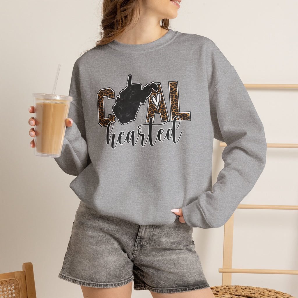 West Virginia Hearted Crewneck Sweatshirt — 'Coal Hearted' Leopard Accent