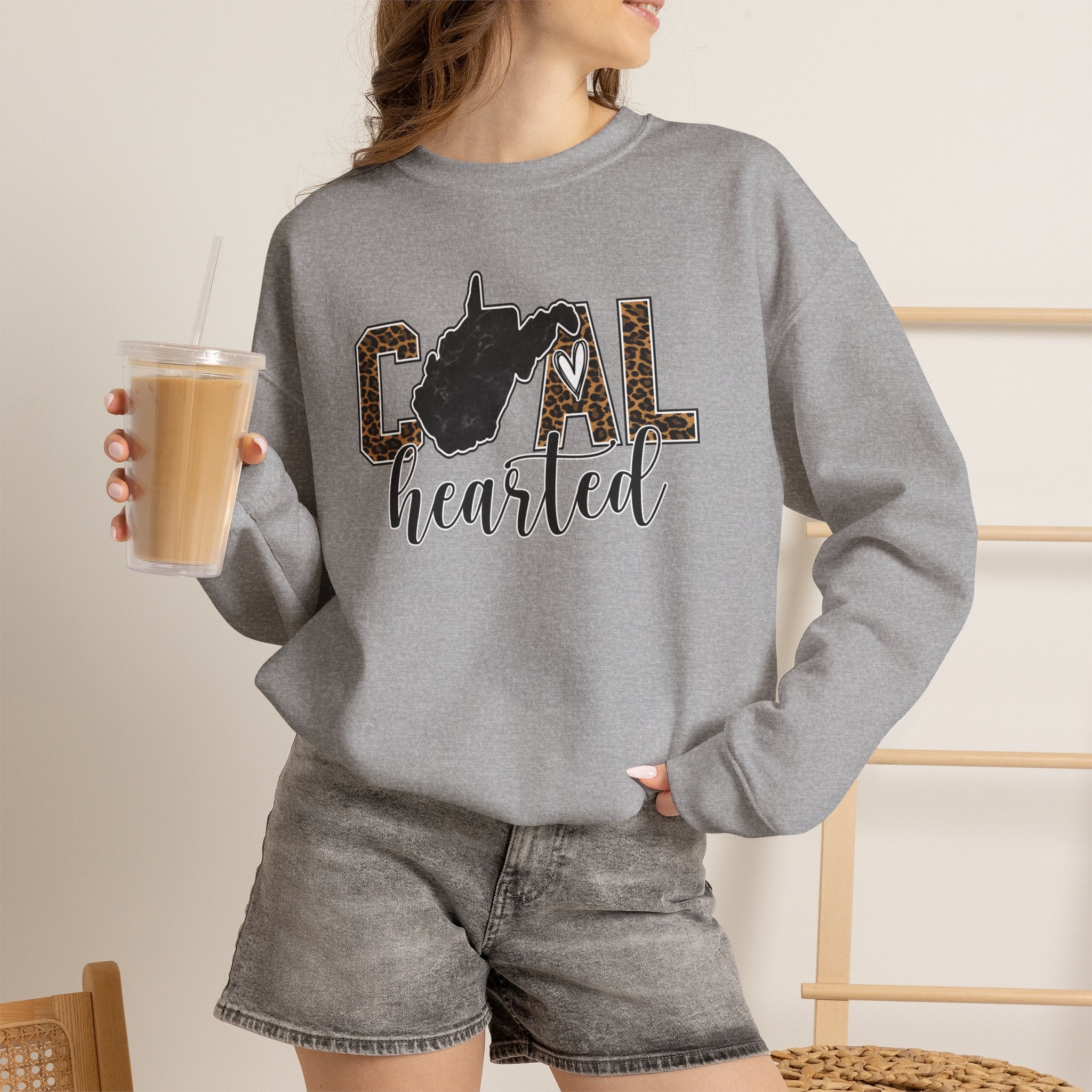 West Virginia Hearted Crewneck Sweatshirt — 'Coal Hearted' Leopard Accent