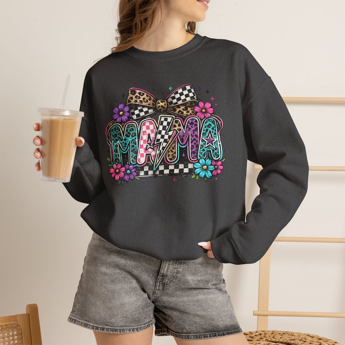 Mama Graphic Sweatshirt - Colorful Floral Checkerboard Print
