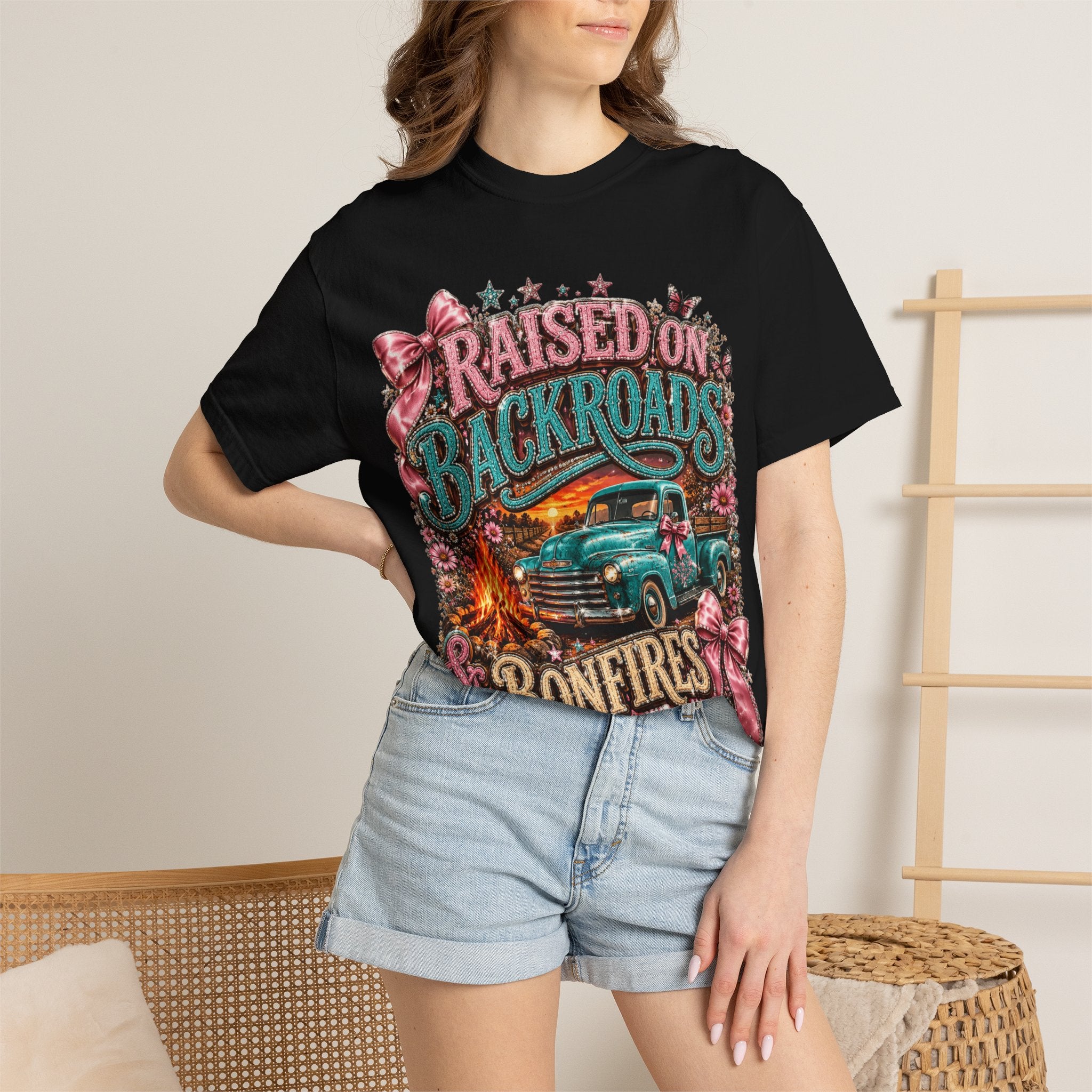 Raised on Backroads & Bonfires T-Shirt — Vintage Truck Campfire Graphic Tee