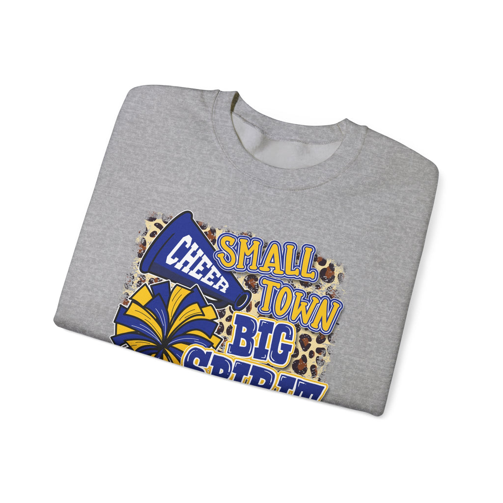 Small Town Big Spirit Crewneck Sweatshirt — Cheer Megaphone & Pom Pom Design