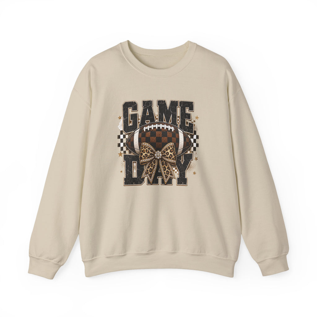 Game Day Football Sweatshirt — Leopard Bow & Checkered Vintage Crewneck
