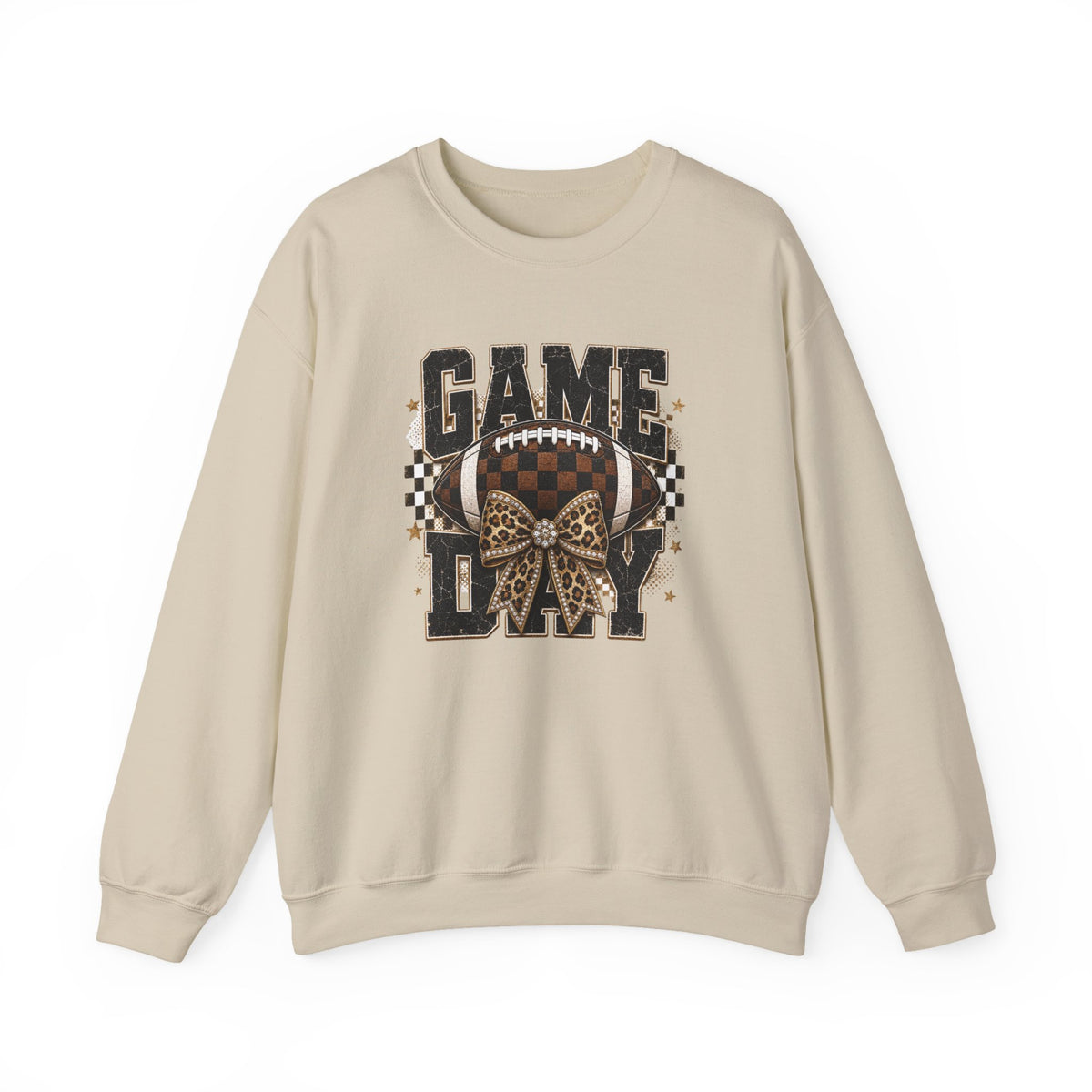Game Day Football Sweatshirt — Leopard Bow & Checkered Vintage Crewneck