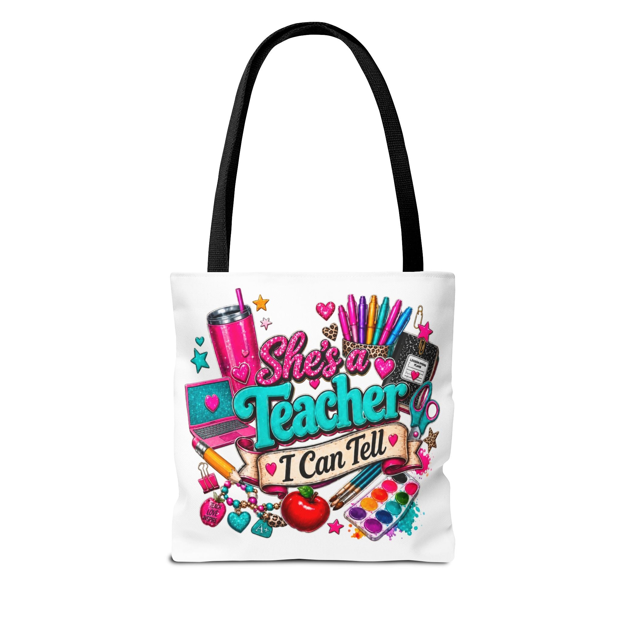 Teacher Tote Bag – “She’s a Teacher I Can Tell” Colorful School Supplies Design
