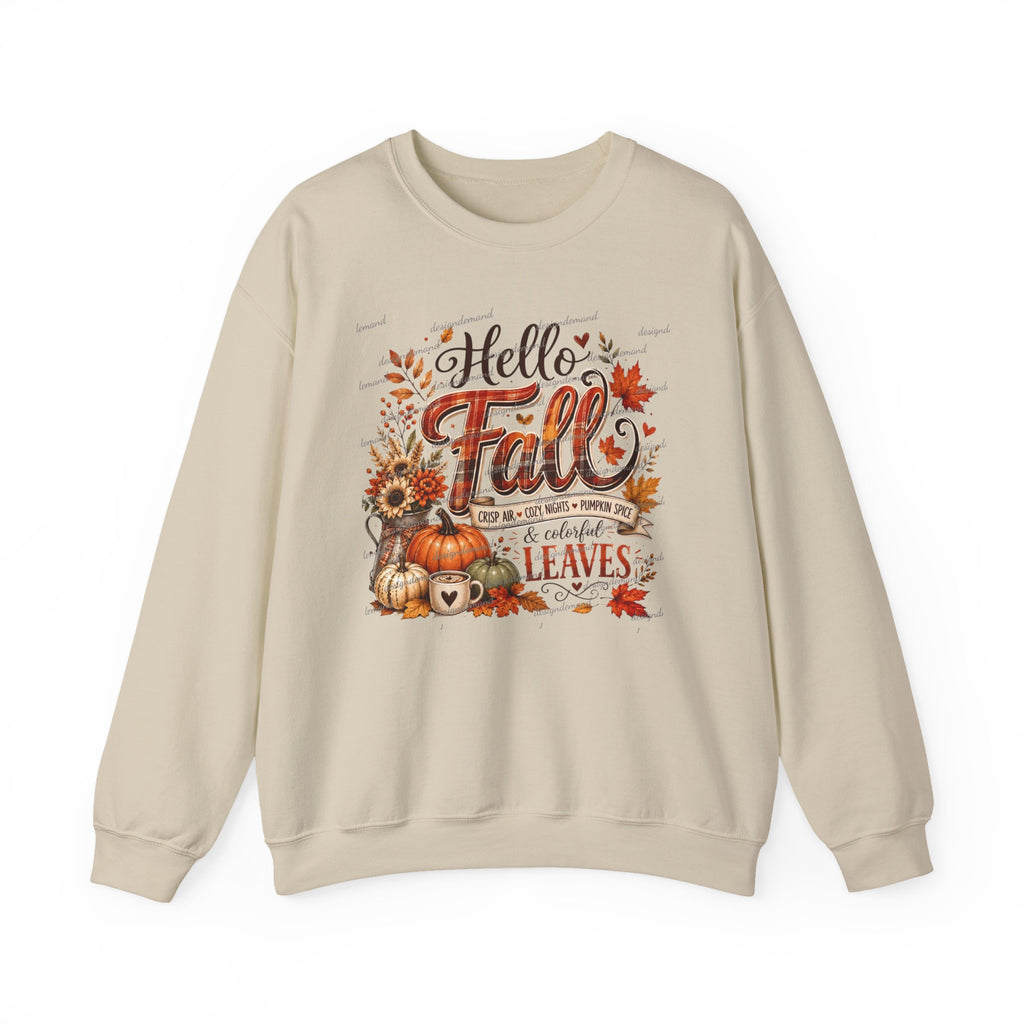 Hello Fall Sweatshirt – Autumn Pumpkins, Leaves & Sunflowers Cozy Crewneck