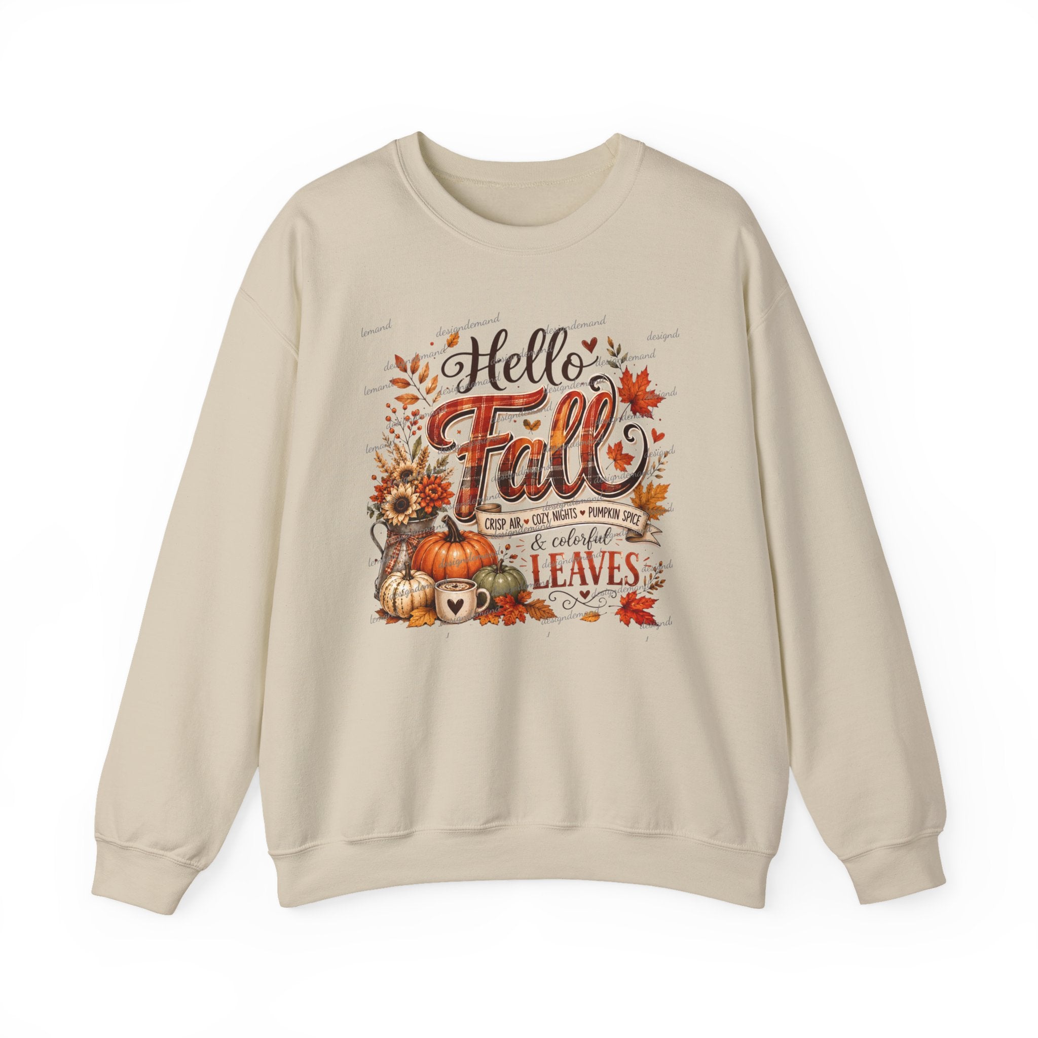 Hello Fall Sweatshirt – Autumn Pumpkins, Leaves & Sunflowers Cozy Crewneck