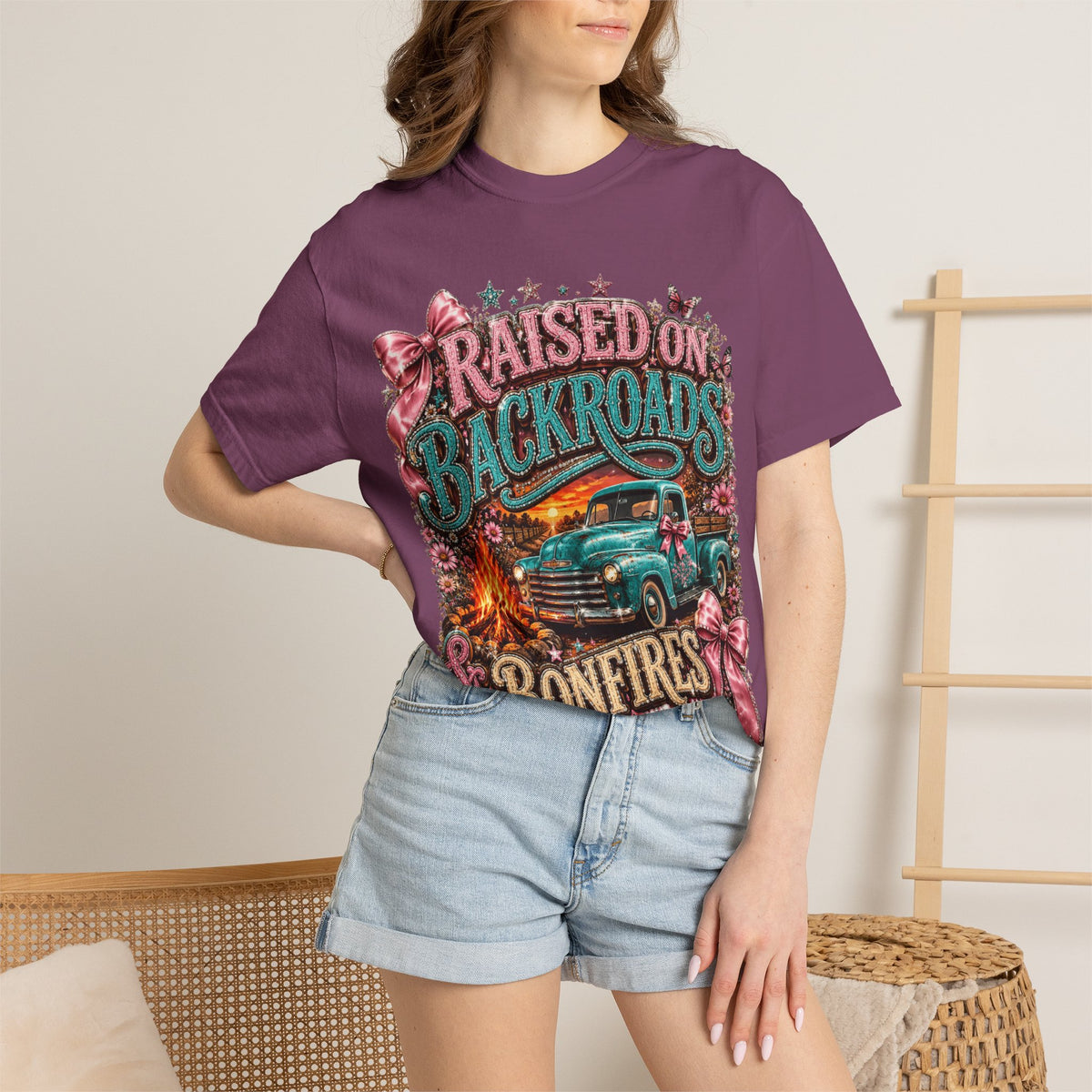 Raised on Backroads & Bonfires T-Shirt — Vintage Truck Campfire Graphic Tee