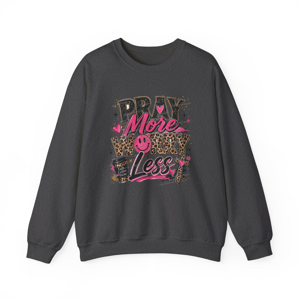 Crewneck Sweatshirt — "Pray More, Worry Less" Leopard Heart Graphic