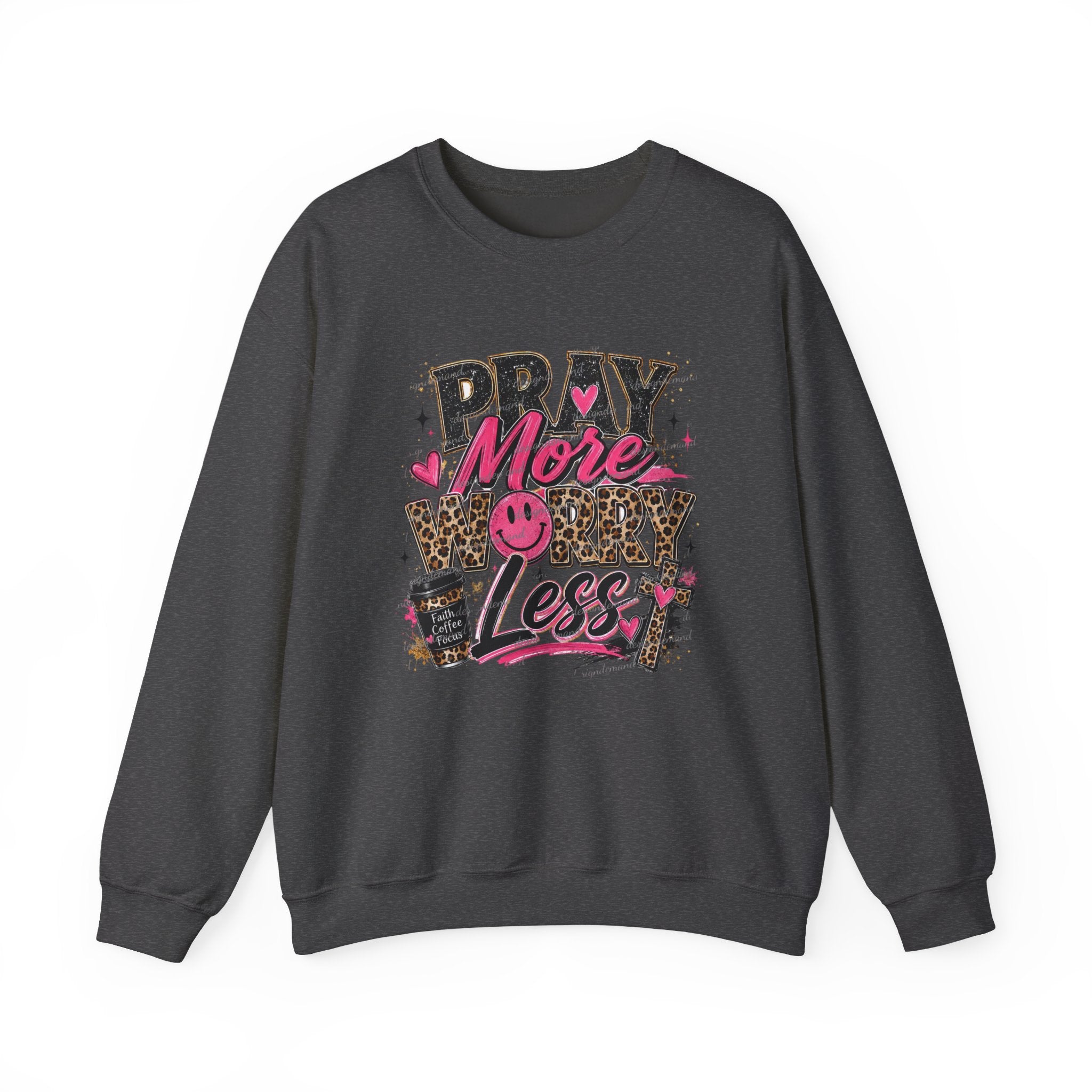 Crewneck Sweatshirt — "Pray More, Worry Less" Leopard Heart Graphic