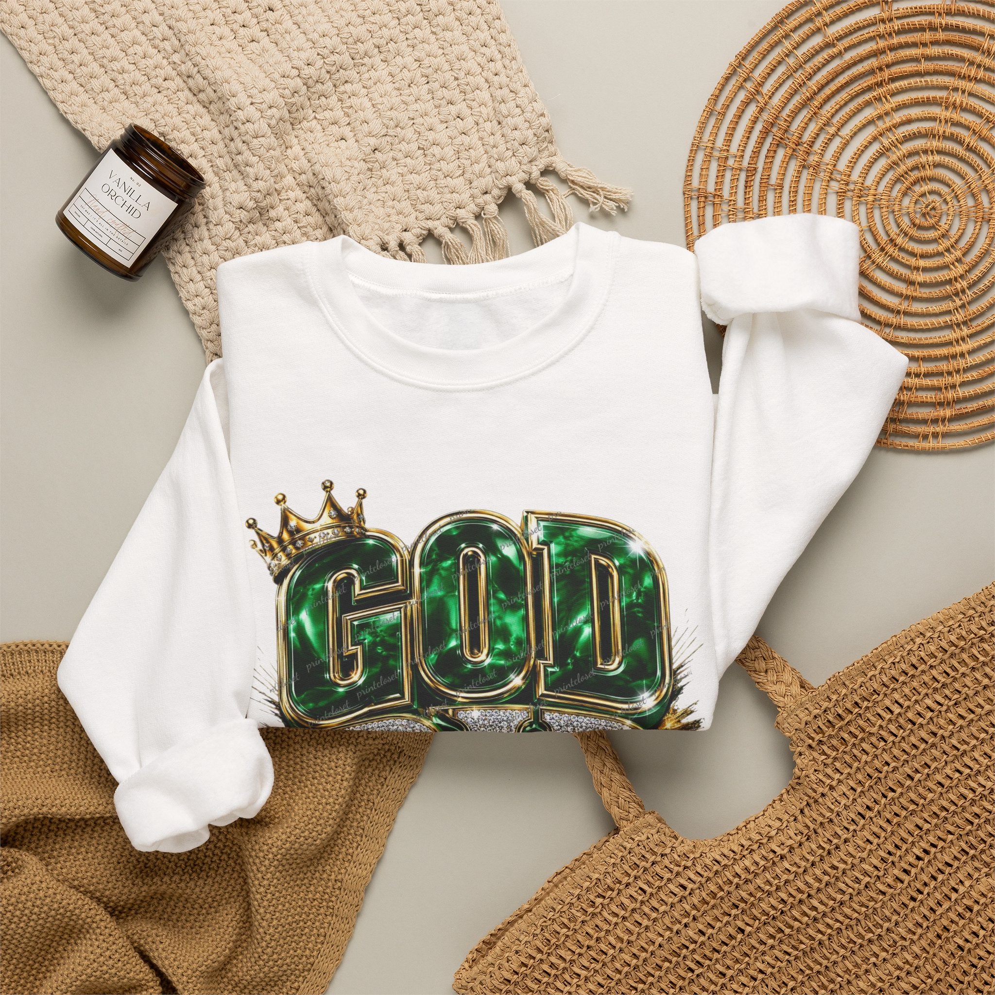 Crewneck Sweatshirt — "God Did" Crowned Glitter Graphic Faith Pullover