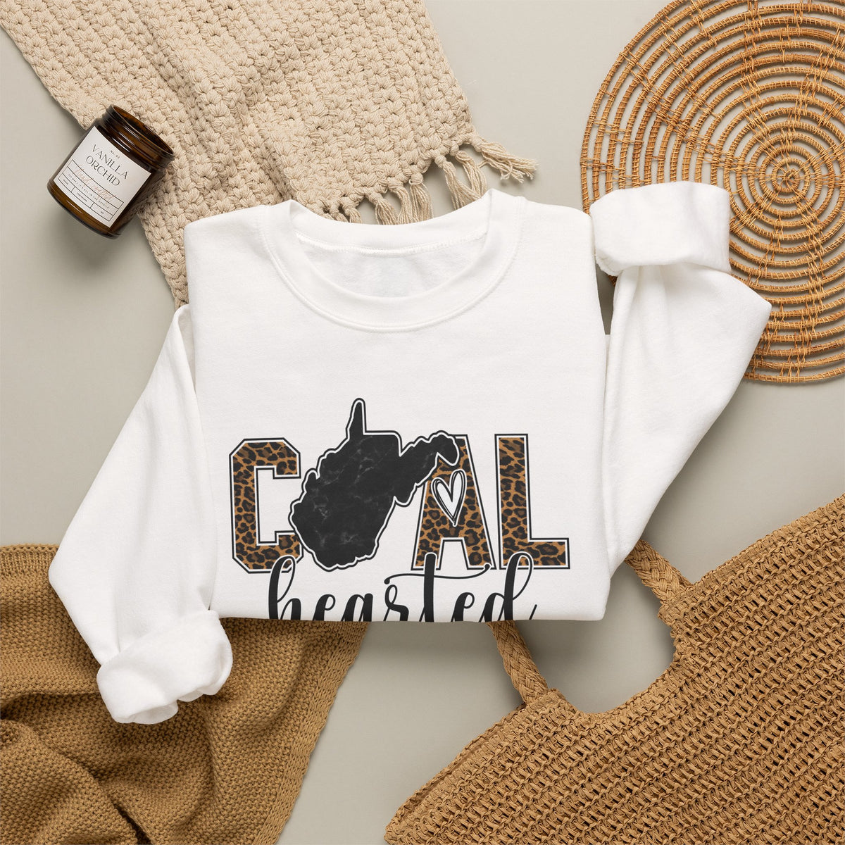West Virginia Hearted Crewneck Sweatshirt — 'Coal Hearted' Leopard Accent