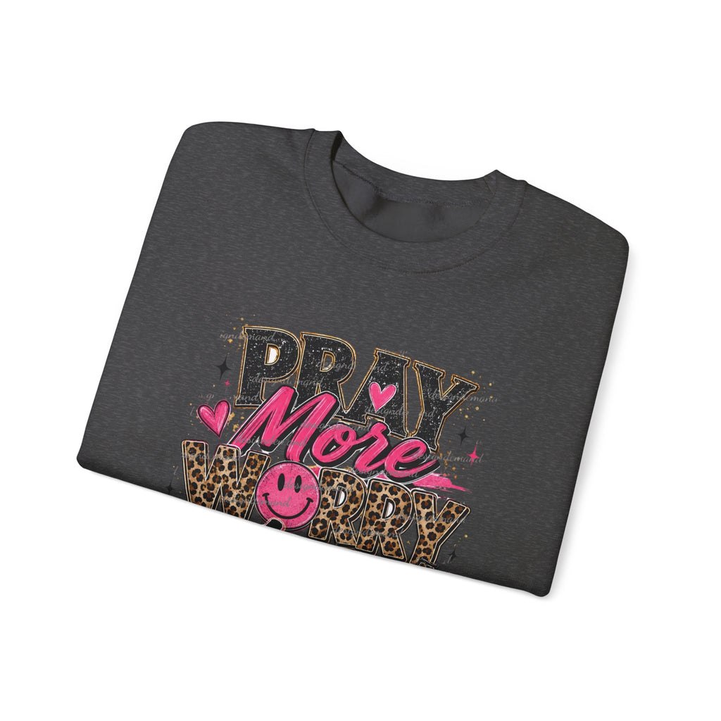 Crewneck Sweatshirt — "Pray More, Worry Less" Leopard Heart Graphic