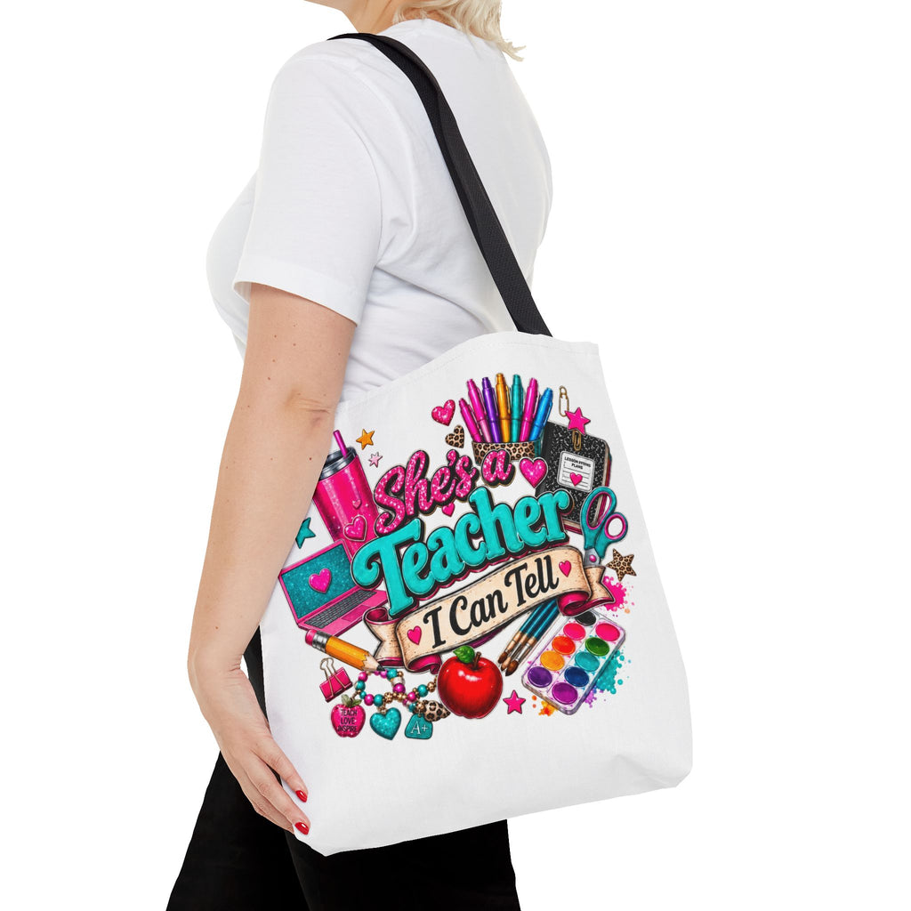 Teacher Tote Bag – “She’s a Teacher I Can Tell” Colorful School Supplies Design