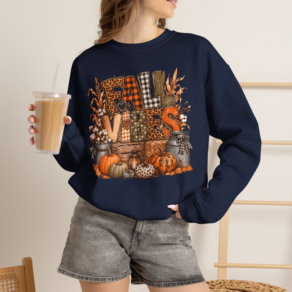 Fall Vibes Sweatshirt – Cozy Autumn Pumpkin & Plaid Crewneck