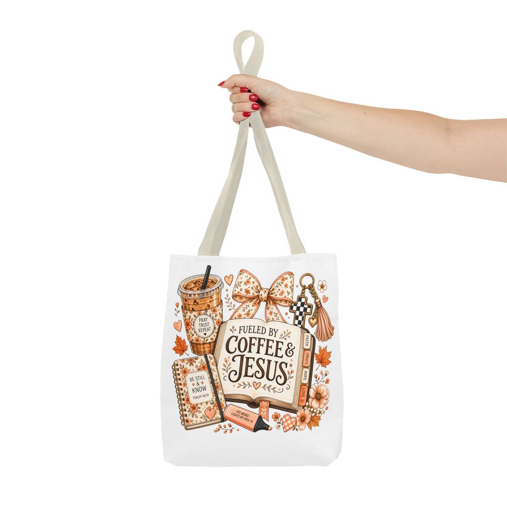 Christian Coffee Tote Bag — “Fueled by Coffee & Jesus” Fall Floral AOP Tote