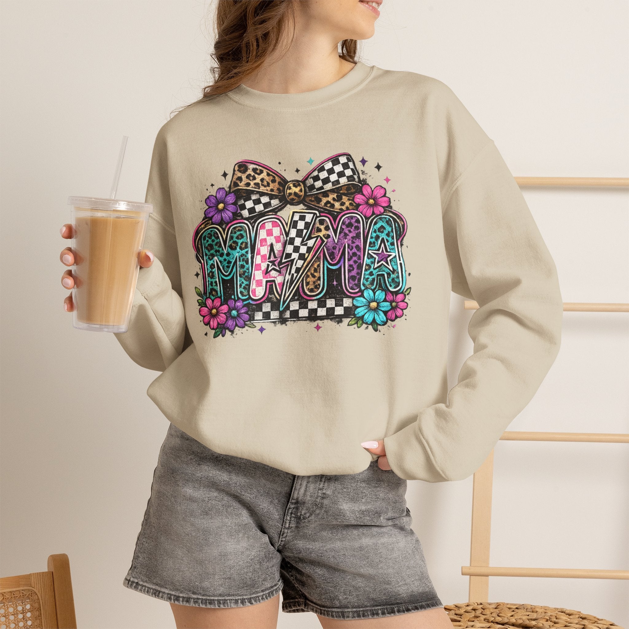 Mama Graphic Sweatshirt - Colorful Floral Checkerboard Print