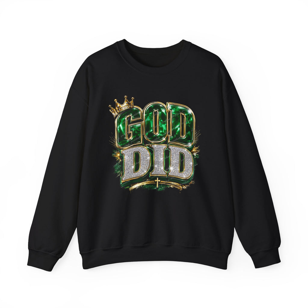 Crewneck Sweatshirt — "God Did" Crowned Glitter Graphic Faith Pullover