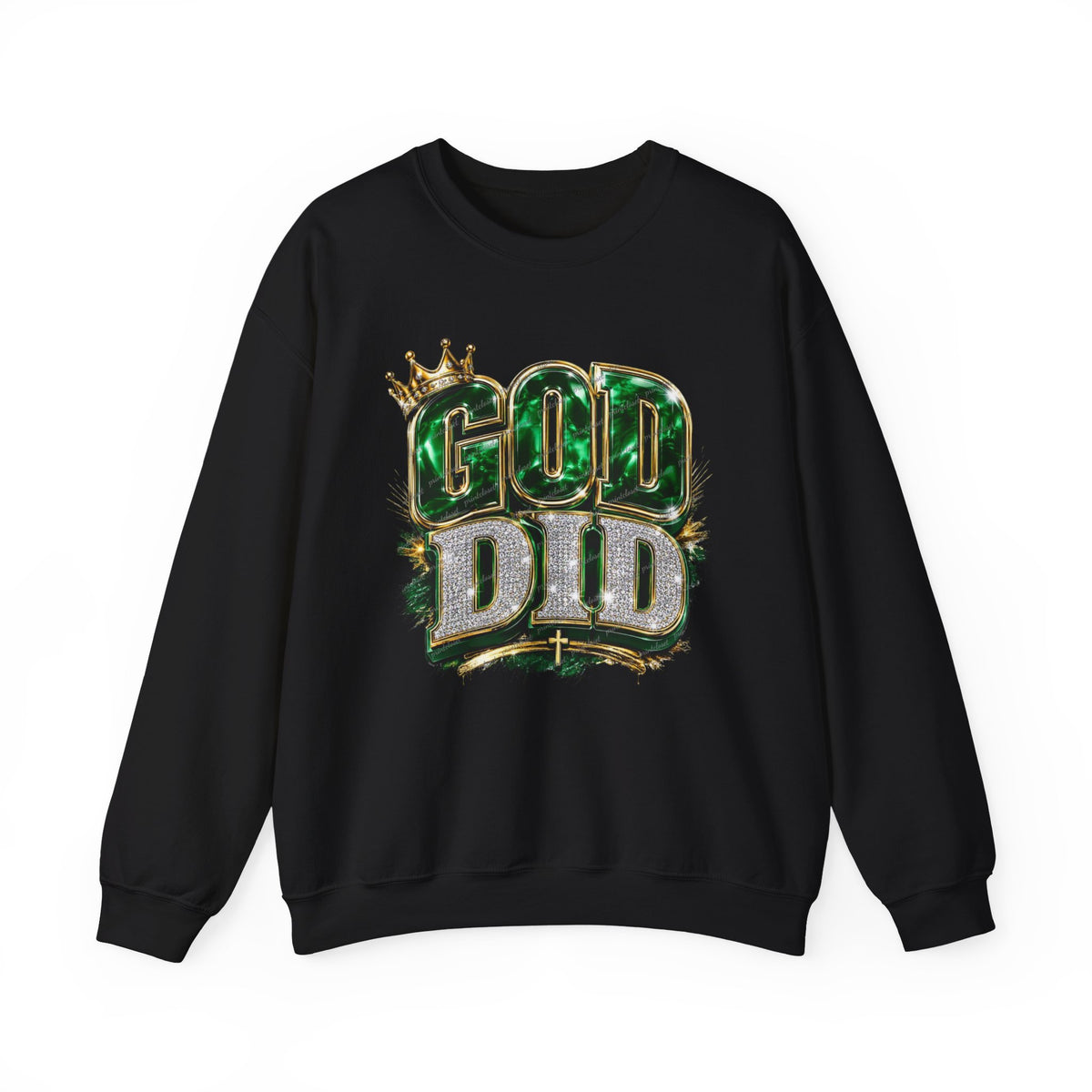 Crewneck Sweatshirt — "God Did" Crowned Glitter Graphic Faith Pullover