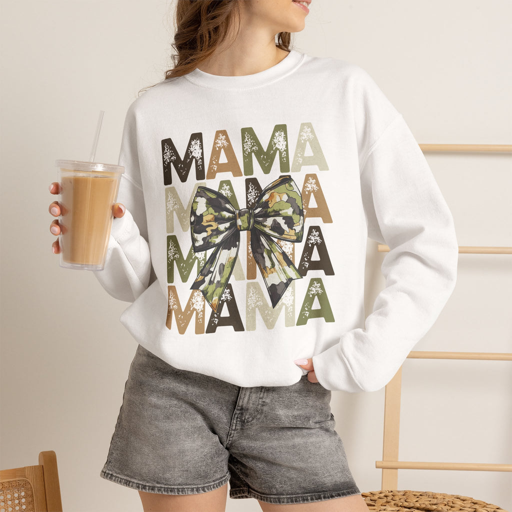 Mama Camo Bow Sweatshirt — Layered MAMA Graphic for Military & Outdoors Moms