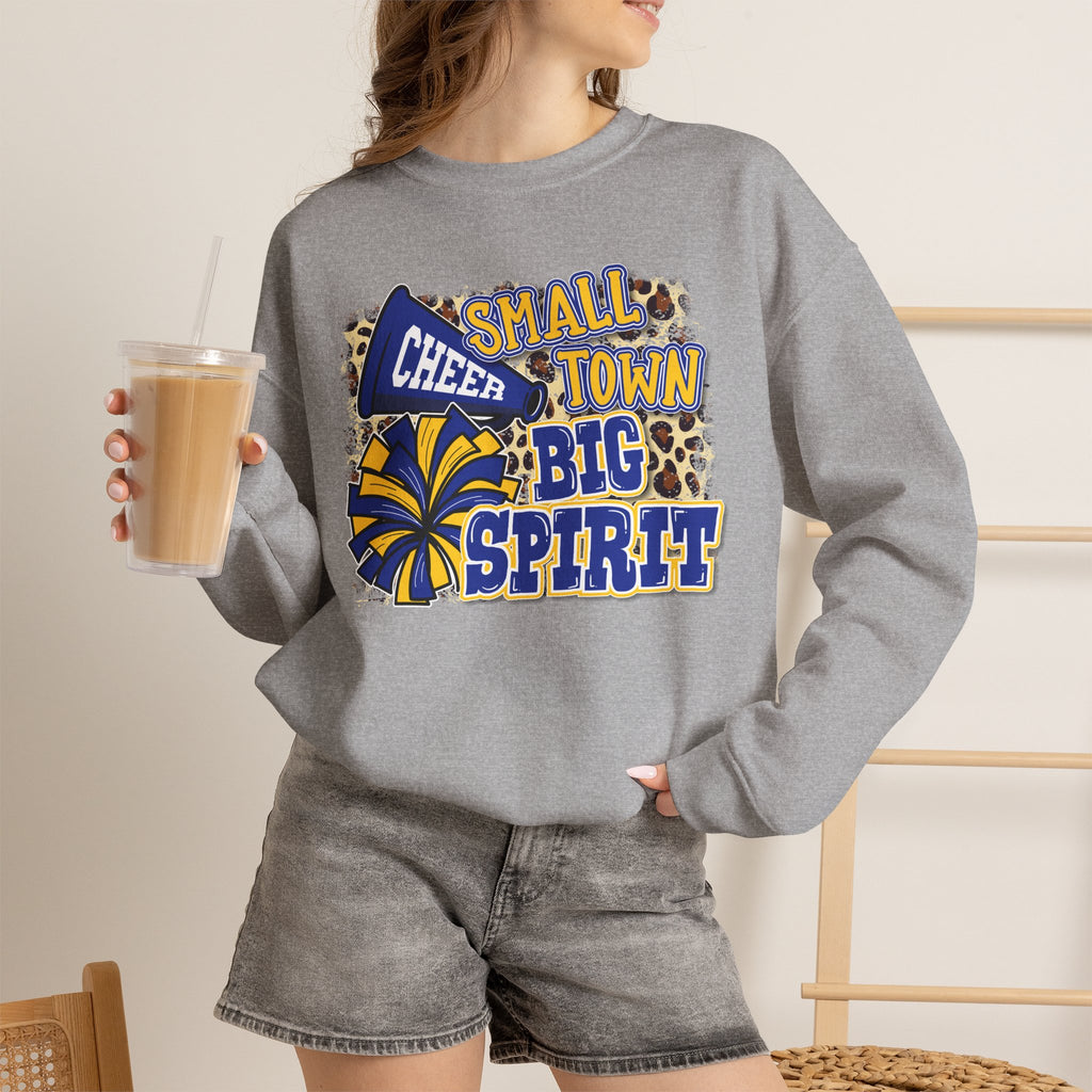 Small Town Big Spirit Crewneck Sweatshirt — Cheer Megaphone & Pom Pom Design