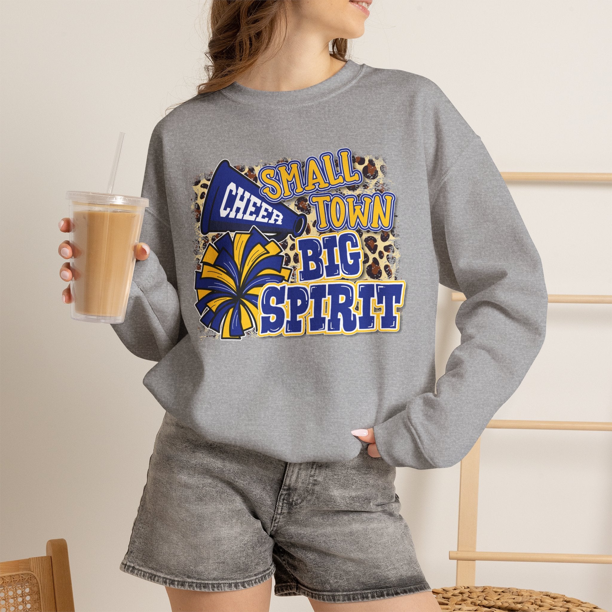 Small Town Big Spirit Crewneck Sweatshirt — Cheer Megaphone & Pom Pom Design