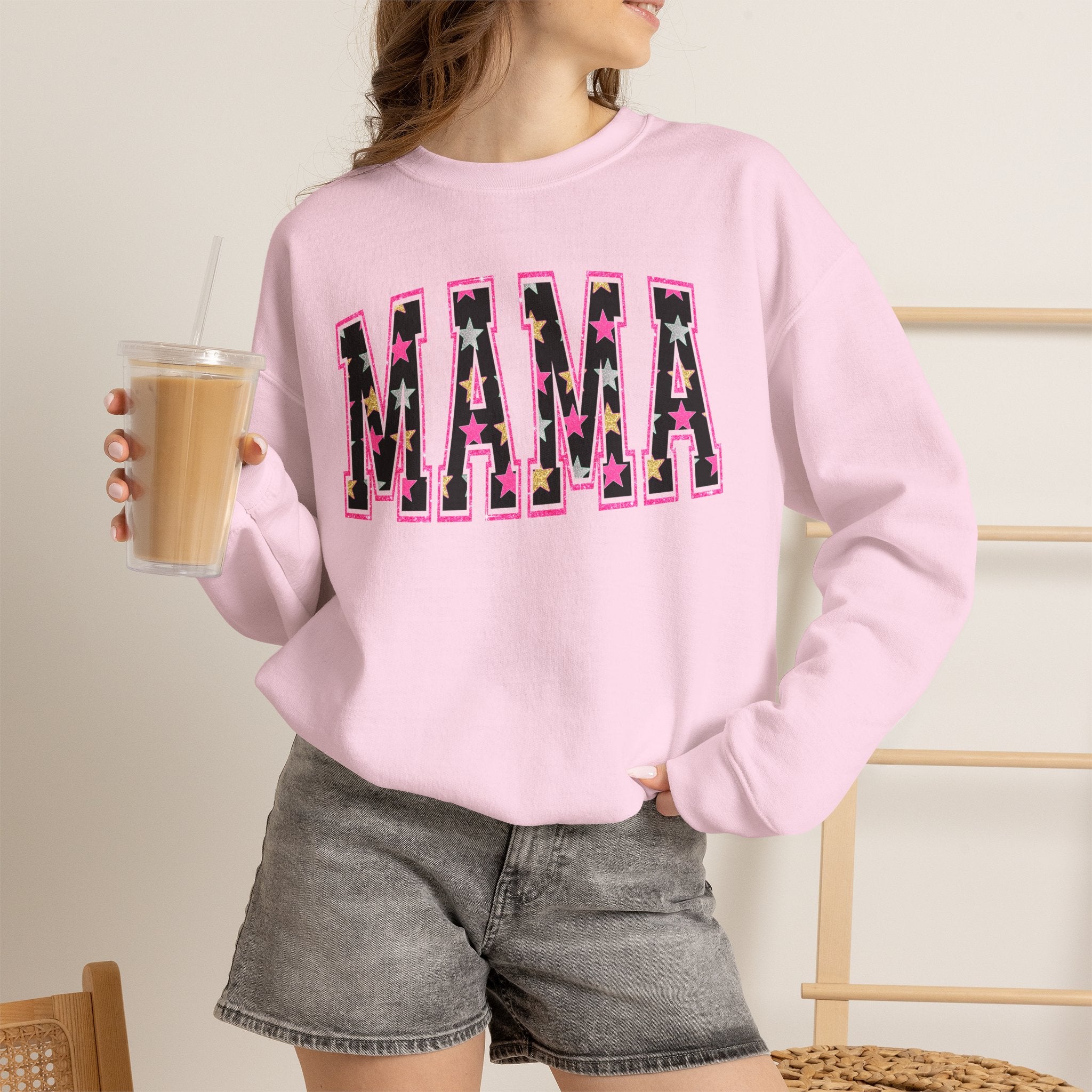 Mama Star Applique Crewneck Sweatshirt — Pink Outline Graphic